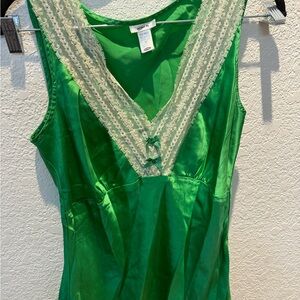 Vintage Silk Green Silk Sleeveless Top with Lace Trim